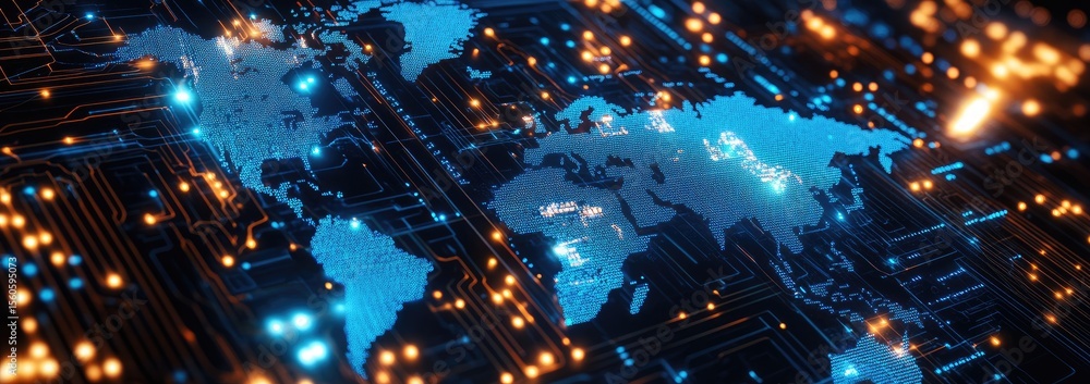 Poster global interconnectedness visualized as a circuit board. illuminated world map overlaid on a complex