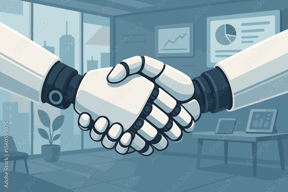 Poster futuristic business collaboration with ai robots handshake in modern office. artificial intelligence