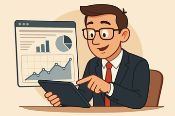 Businessman analyzing website traffic data on tablet with charts and graphs, digital marketing analytics, business growth, online performance, vector cartoon illustration
