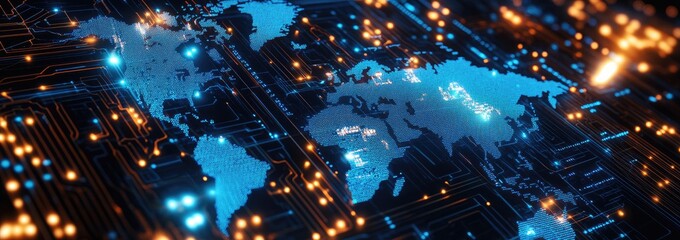 Global interconnectedness visualized as a circuit board.  Illuminated world map overlaid on a complex network of glowing circuit traces