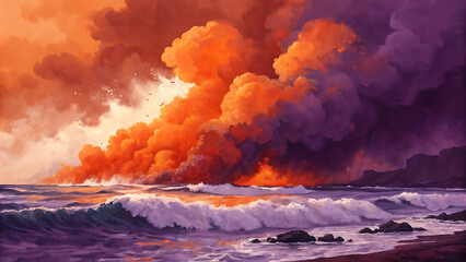 Dramatic Seascape Painting Featuring Fiery Clouds and Powerful Waves Crashing on the Shoreline with Rocky Outcrops