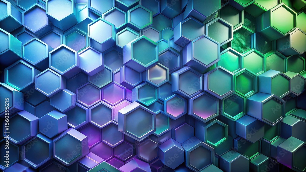 Poster abstract hexagonal structure with vibrant gradient colors and metallic sheen