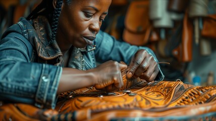 A focused artisan meticulously stitches a beautiful leather design, showcasing craftsmanship and cultural artistry.
