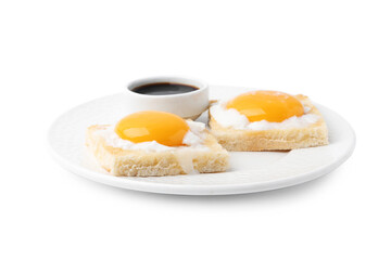 Tasty kaya toasts with half-boiled eggs and soy sauce isolated on white. Traditional asian breakfast