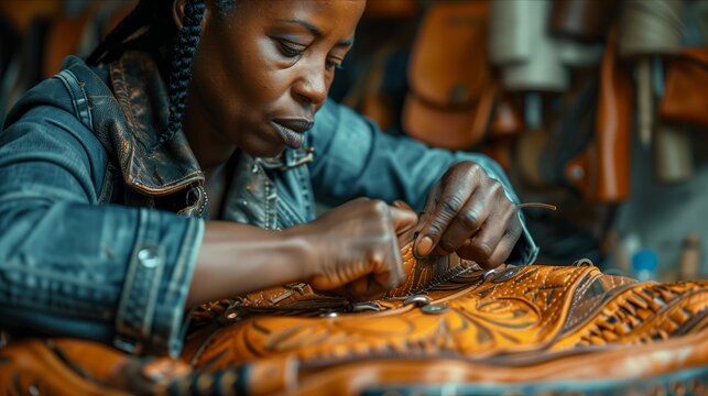 A focused artisan meticulously stitches a beautiful leather design, showcasing craftsmanship and cultural artistry. - Powered by Adobe