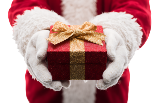 Santa Claus hands holding a Christmas gift.