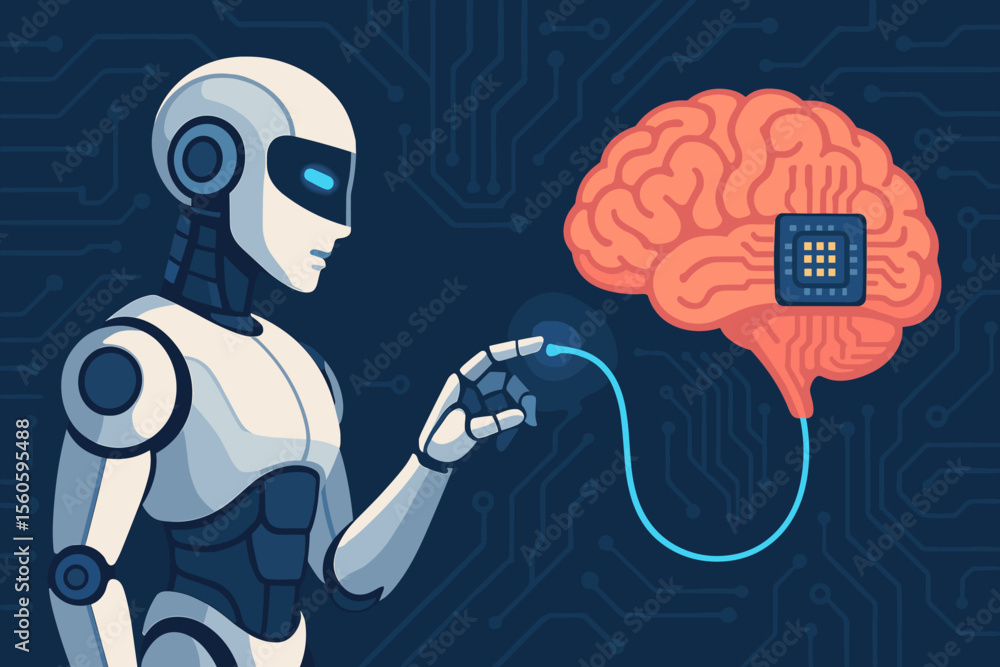 Poster futuristic robot connecting to human brain with neural interface, artificial intelligence, cyborg te