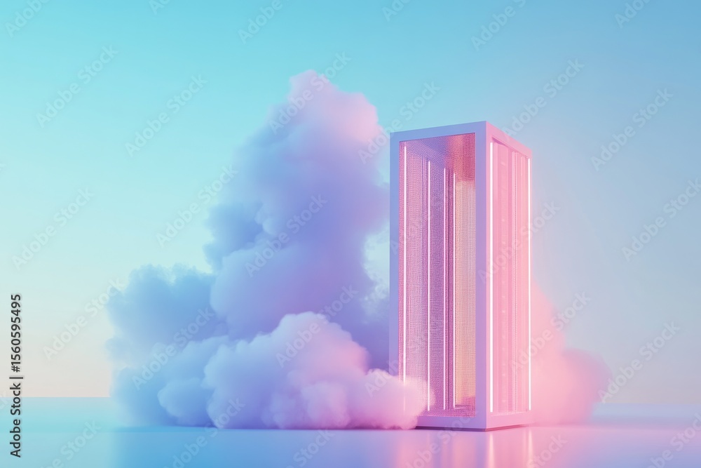 Poster pastel-toned 3d rendering of a cube structure amidst clouds