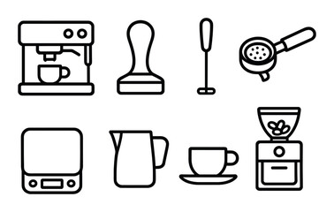 Barista tool icons set – outline, coffee equipment and cafe essentials symbols