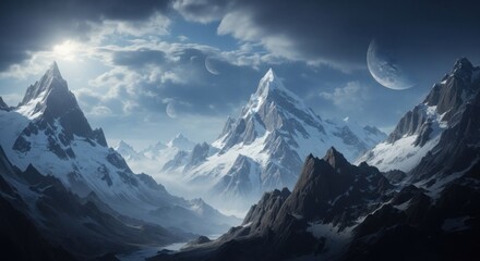 Majestic Snow Capped Mountains Under a Dramatic Sky with a Crescent Moon