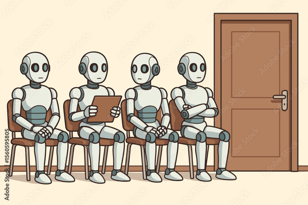 Poster robots waiting for job interview replacing human workers. artificial intelligence candidates line up