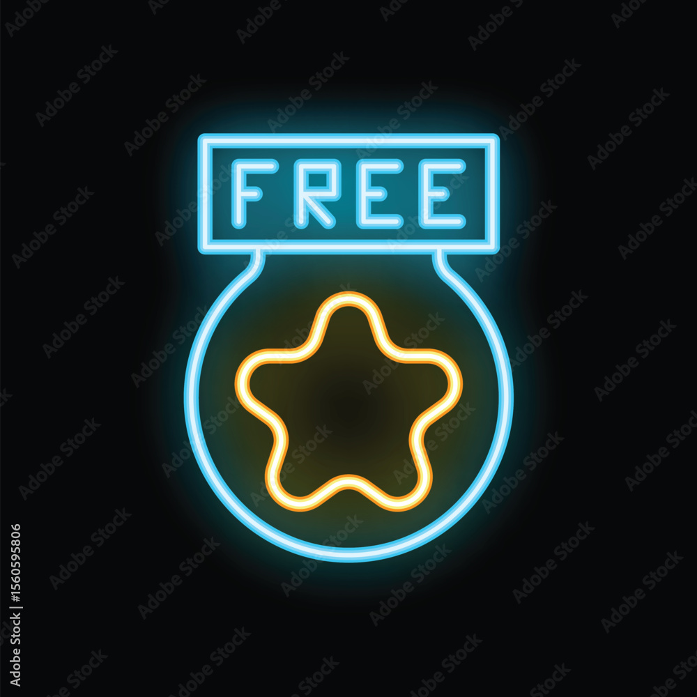 Poster glowing neon sign representing a jar containing a star with a free banner, hinting at a loyalty prog