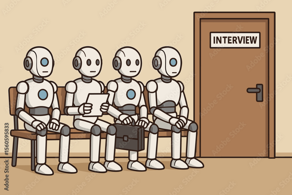 Poster artificial intelligence robots waiting for job interview. futuristic automation workforce replacemen