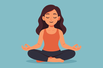 Peaceful woman meditating in lotus yoga pose, mindfulness and relaxation, calm female practicing meditation, wellness and mental health, vector cartoon illustration on blue background