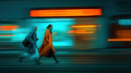 Two women walking quickly past city lights at night