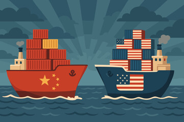 China US trade war concept vector. Cargo ships with shipping containers, Chinese and American flags. International economic conflict, import export, tariffs, global commerce, maritime illustration.