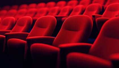 Obraz premium Empty Red Chairs In A Cinema Theater: A Low-Key Photograph Showcasing The Unoccupied Seats With A Striking Red Color.