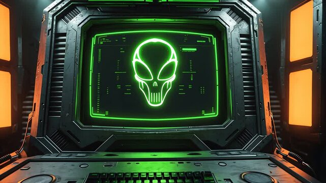 Glowing Green Alien Face Displayed on Futuristic Computer Monitor in Sci-Fi Control Room with Dark Metallic Interface

