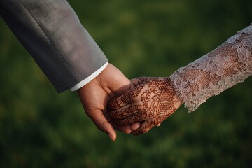 Close-up of two clasped hands, one with henna and lace sleeve, the other in gray suit, symbolizing multicultural unity, love, wedding celebration, tradition, partnership, and cross-cultural harmony