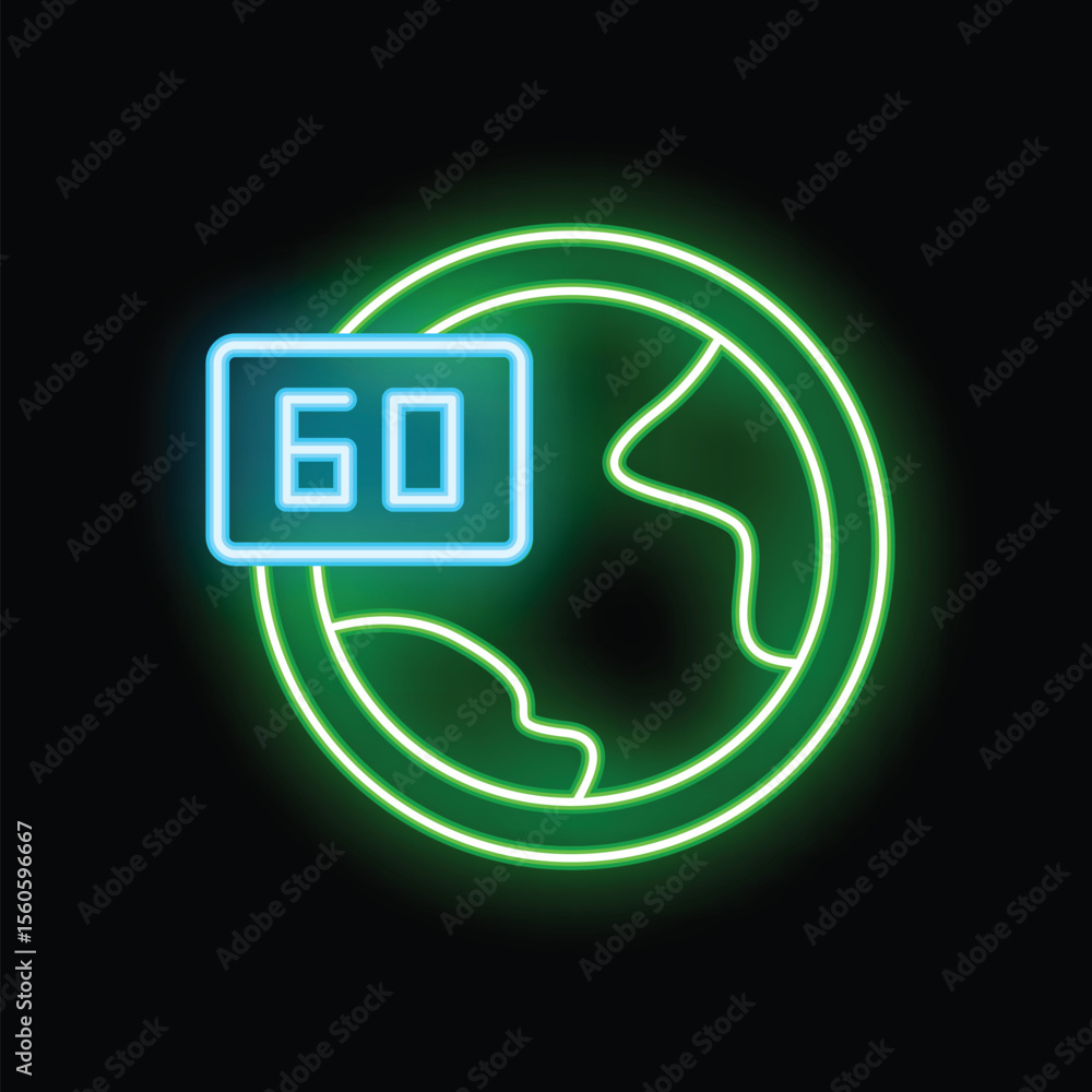 Poster glowing neon icon of planet earth with sixty seconds digital timer, representing deadline or countdo