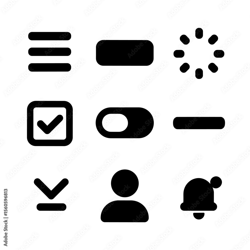 Poster minimalist ui icon set. solid, filled icon set of minimalist digital ui: menu icon, single line butt