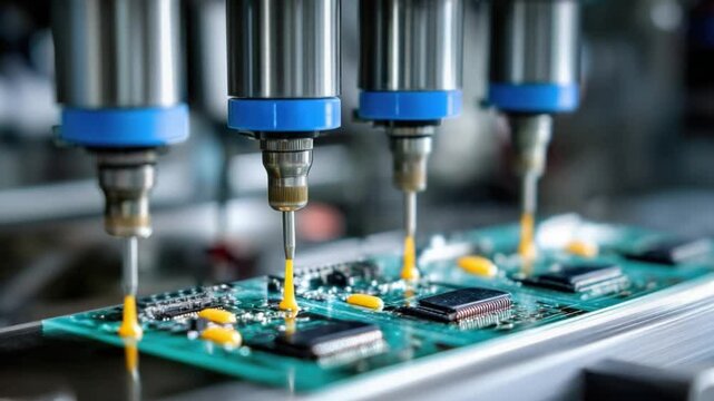 Precision Technology in Electronics Manufacturing with Robotic Applicators Dispensing Liquid on Circuit Board