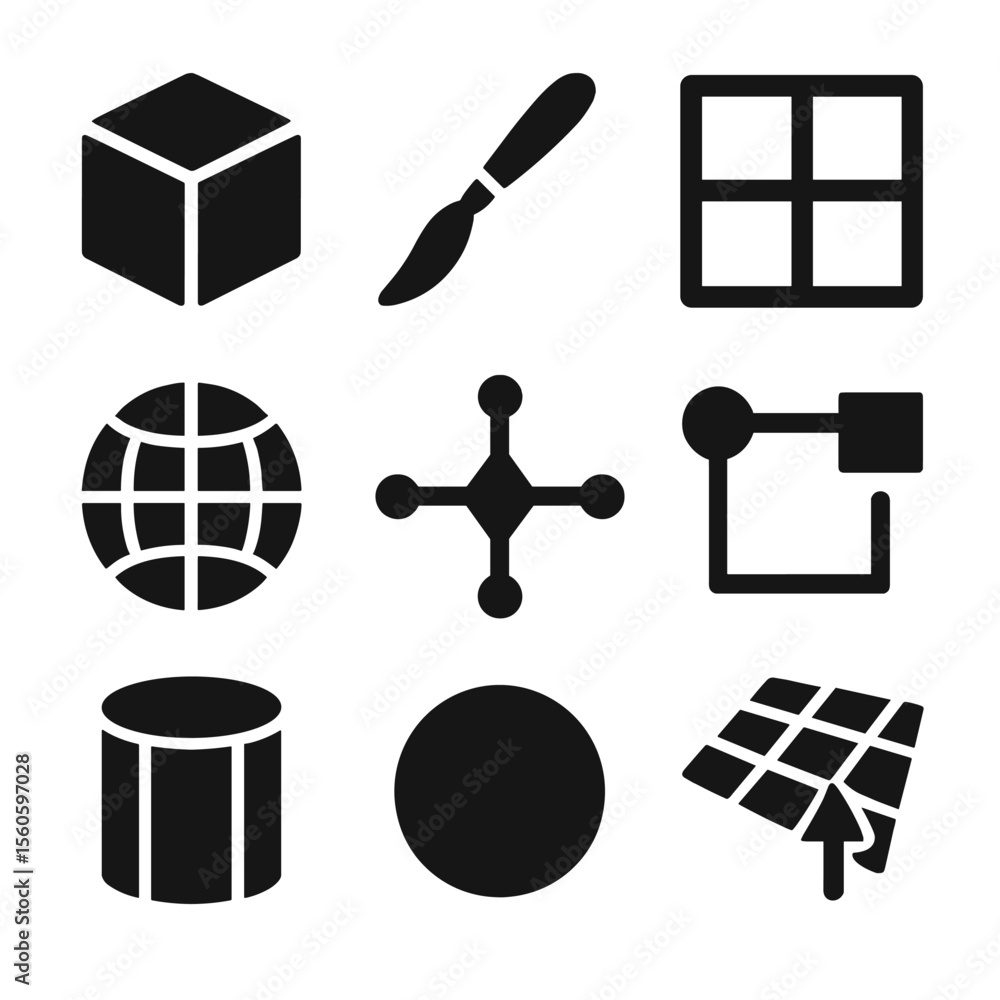Poster 3d modeling tools icons. solid, filled icon set of 3d modeling tools: cube mesh, sculpting tool, uv 