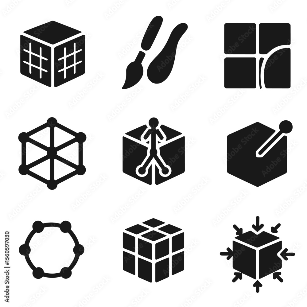 Poster 3d modeling tools icons. solid, filled icon set of 3d modeling tools: cube mesh, sculpting tool, uv 