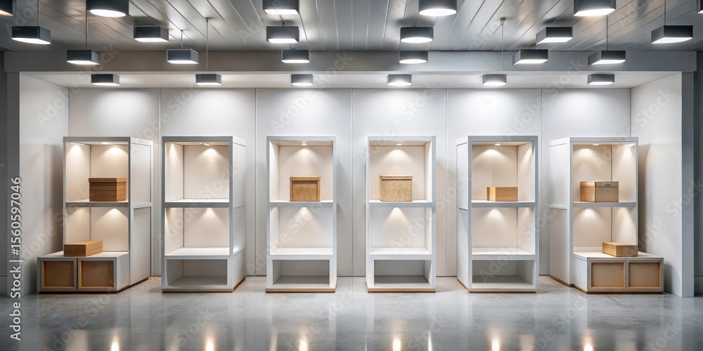 Poster modern minimalist retail display with illuminated shelving units showcasing simple cardboard boxes