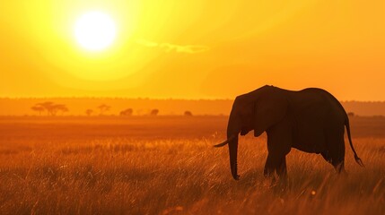 Fototapeta premium African Elephant Herd Silhouetted Against Golden Savanna Sunset, Majestic Wildlife Scene with Acacia Trees and Dust Haze in Serengeti Landscape, Empty Horizon Space