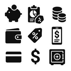 Money Saving Icons. Solid, filled icon set of how to save money: piggy bank, budget chart, coin stack, wallet, discount tag,