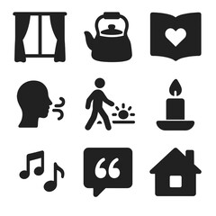 Morning Ritual Icons. Solid, filled icon set of morning rituals: open curtain, tea kettle, gratitude journal, breath icon, sunrise