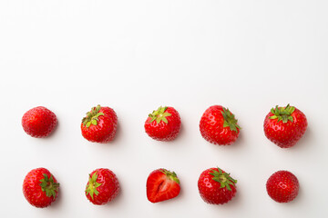Fresh ripe strawberries on white background, flat lay. Space for text
