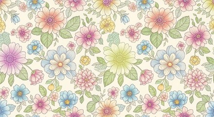 A Whimsical Watercolor Floral Pattern With Delicate Petals and Soft Green Leaves in Pastel Hues