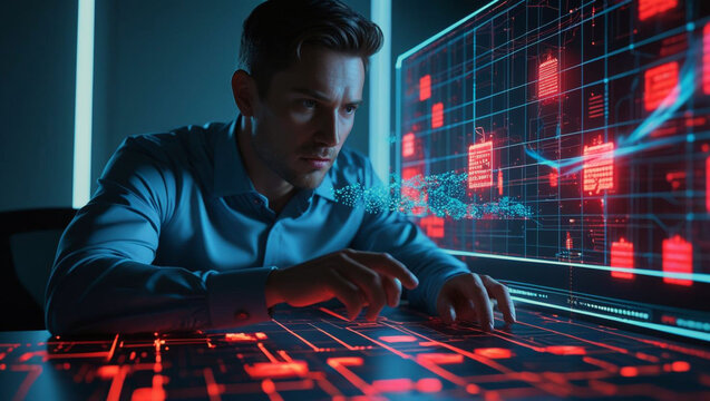 Young digital engineer at work, connecting global business and technology concepts