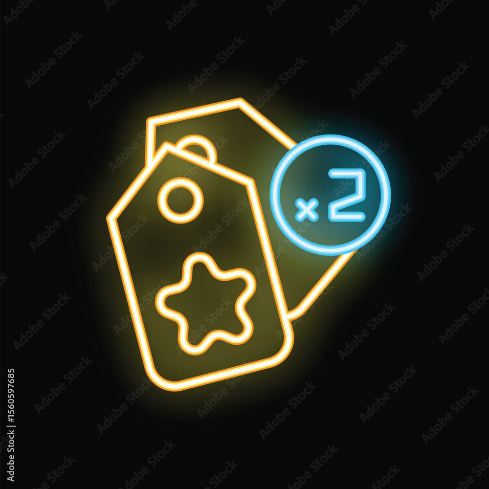 Poster neon glowing icon of two overlapping price tags with star showing double reward points for loyalty p
