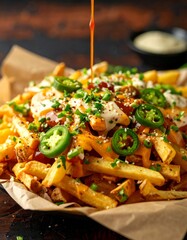 Delicious overloaded golden french fries generously topped with melting cheese sauce, spicy...