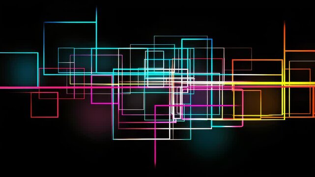 Neon squares interlock on a black background, showcasing a modern, vibrant, abstract scene