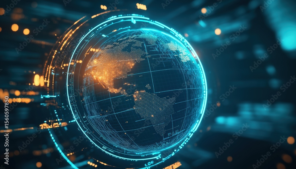Poster digital hologram of illuminated rotating globe with rays in circles and numbers, representing blue g