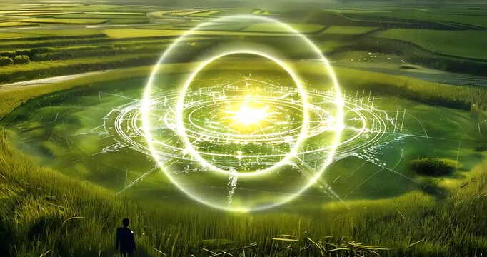An otherworldly spectacle unfolds in a serene field as radiant energy emanates from a circular pattern.