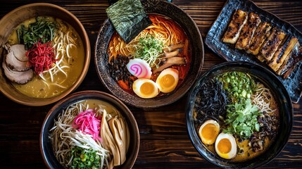 Delicious bowls of ramen served with grilled meats at a cozy restaurant during dinner time