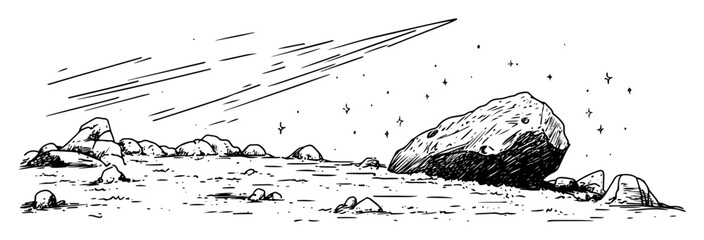 meteorite landed on planet surface hand drawn vector sketch