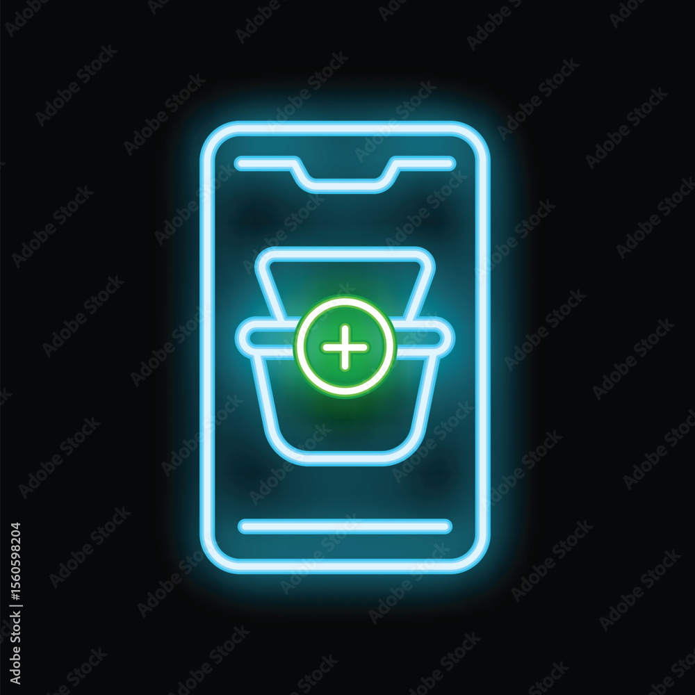 Poster glowing neon line icon representing a smartphone with an adding to basket button, perfect for illust