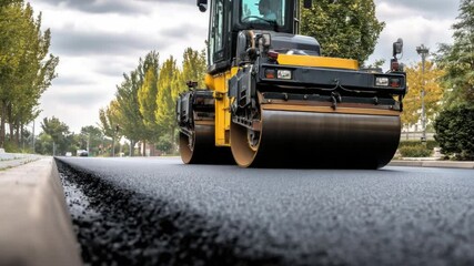 Heavy machinery with road roller compacting asphalt on urban street surrounded by trees and cloudy sky