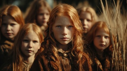 Group of redheaded children celebrating International Redhead Day outdoors in a wheat field