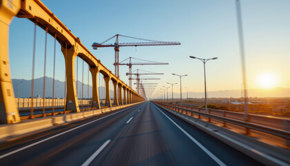 Timelapse of mega construction project urban landscape roadway view engineering marvels at sunset