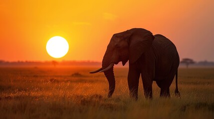 Fototapeta premium African Elephant Herd Silhouetted Against Golden Savanna Sunset, Majestic Wildlife Scene with Acacia Trees and Dust Haze in Serengeti Landscape, Empty Horizon Space
