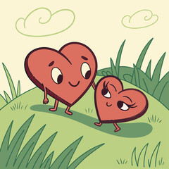 Cute Cartoon Heart Couple Vector – Romantic Walking Love Characters Illustration for Valentine and Relationship Concepts