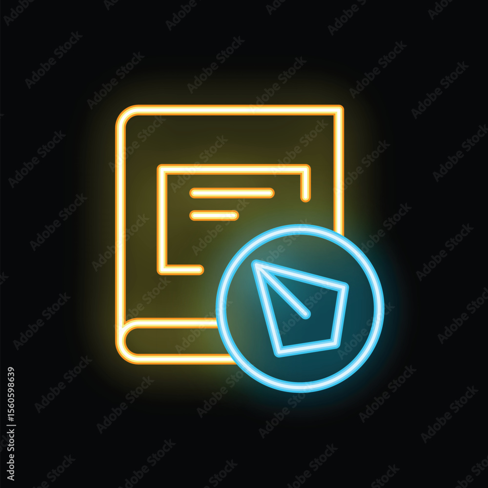 Poster glowing neon icon representing online education with a book and a cursor symbolizing digital learnin