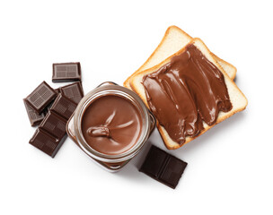 Tasty chocolate butter in jar, pieces and sandwiches isolated on white, top view
